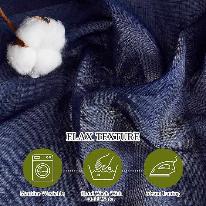 NICETOWN Dark Blue Flax Sheer Linen Curtains for Windows, Grommet Top 45" Length Natural Linen Blend Sheer Drapes Semitransparent Privacy Panels for Farmhouse/Bedroom, 52" Wide, Set of 2