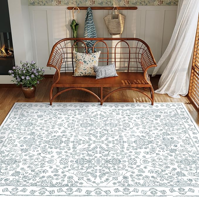 Floral Area Rug 8x10 Washable Blue Carpet Non Slip Large Boho Thin Farmhouse Throw Accent Rug for Living Room Bedroom Office Kitchen Bathroom