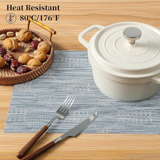 Leetaltree Jacquard Blue Placemats Set of 12 - Heat Resistant Non-Slip Place mats for Dining Table, Washable Durable PVC Vinyl Woven Table Mats(Jacquard Blue, 12)