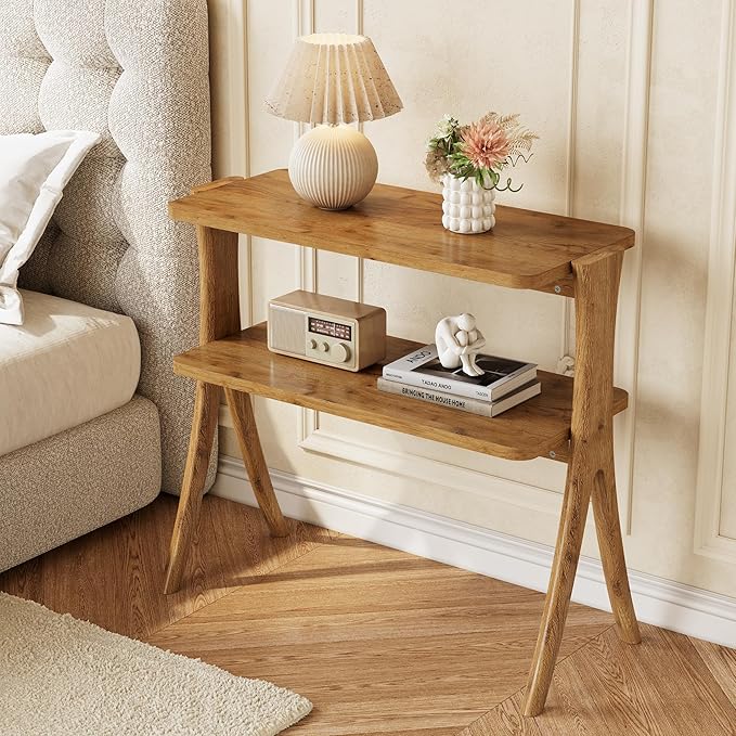 LITTLE TREE Narrow Side Table, 2-Tier Farmhouse End Table with Solid Wood Legs, Small Side Table, Space-Saver for Living Room, Bedroom, Entryway (Light Walnut)