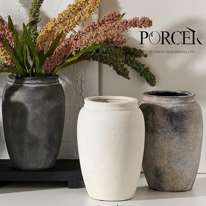 8.2 Inch Ceramic Terracotta Rustic Vase Home Decor Farmhouse Decorative Vase for Living Room Entryway Floor Holiday Wedding-Black Bronze