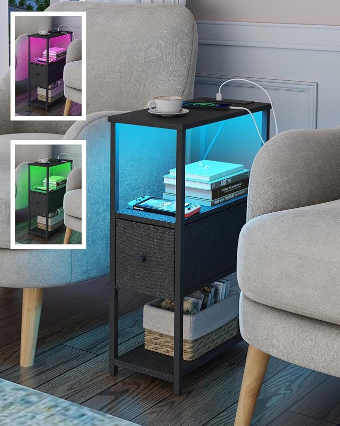 TUTOTAK Small Narrow LED End Table with Charging Station, Side Table Outlets, Nightstand with Cloth Drawer, Set of 2, Couch Table, for Living Room, Bedroom, Bedside, Black TB01BK059