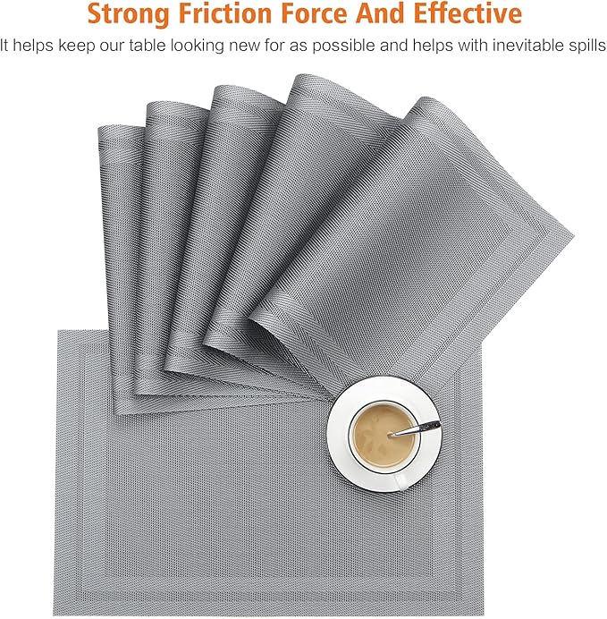 Placemats Set of 6,Washable,Heat and Stain Resistant Indoor/Outdoor Place mats, Vinyl Woven Non Slip Table Mats for Restaurant Table Protection, PVC Table Mats(Dark Gray, 6PCS)