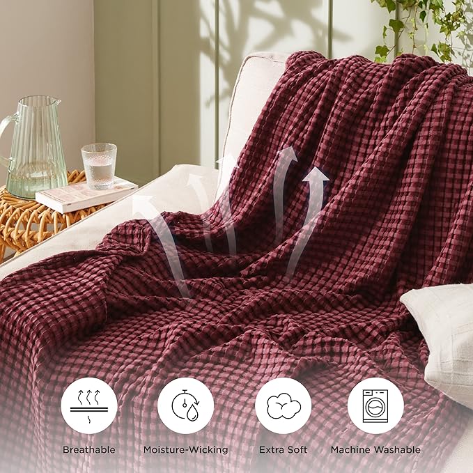 Bedsure Cooling Cotton Waffle Queen Size Blanket - Lightweight Breathable Blanket of Rayon Derived from Bamboo for Hot Sleepers, Luxury Throws for Bed, Couch and Sofa, Burgundy, 90x90 Inches
