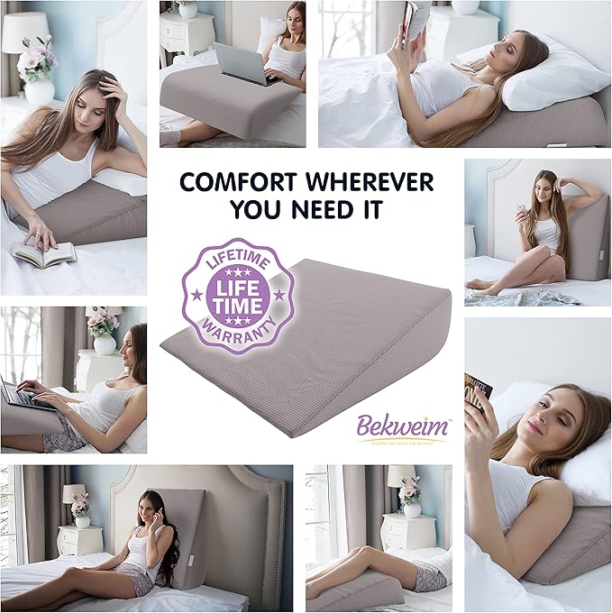 Bed Wedge Pillow | Unique Curved Design for Multi Position Use | Memory Foam Wedge Pillow for Sleeping | Works for Back Support, Leg, Knee | Includes Cover Plus Extra Sheet (Dark Grey)