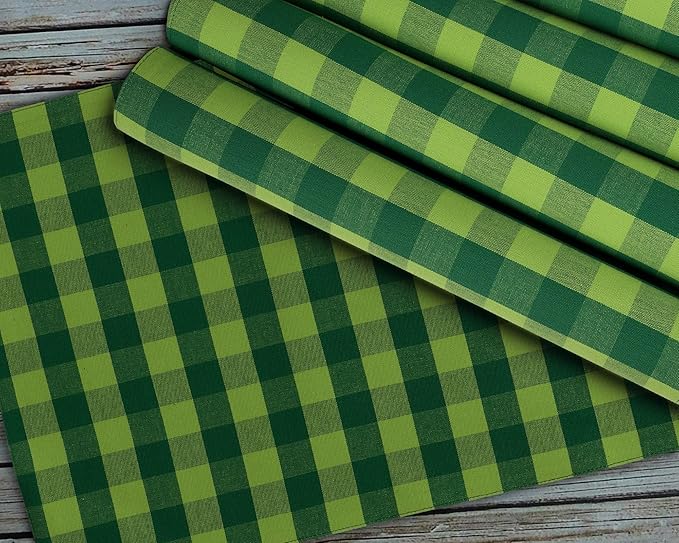 Urban Villa Green Checks Special 100% Cotton Fused Place Mats 14''x 20'' Over Sized Set of 6 Green Check Plaid Every Day Use Heavier Quality