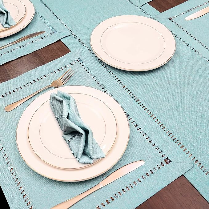 Grelucgo Set of 4 Handcrafted Solid Aqua Color Dining Table Place-mats, Double-Hemstitched, Rectangular 12 x 18 Inch