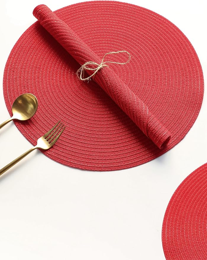 Floroom 15 Inch Round Braided Placemats Set of 6, Washable Heat Resistant Cotton Polyester Circle Place Mats for Kitchen Dining Table - Red
