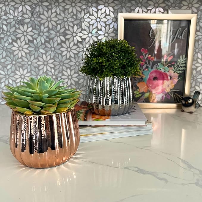 Admired By Nature 4" Ceramic Flower Planter, Ceramic Pot Planter, Indoor Ceramic Bowl, Houseplant Ceramic Pot, Decorative Planter for Indoor Plant Succulent Plant Home Décor, Lightweight, Rose Gold