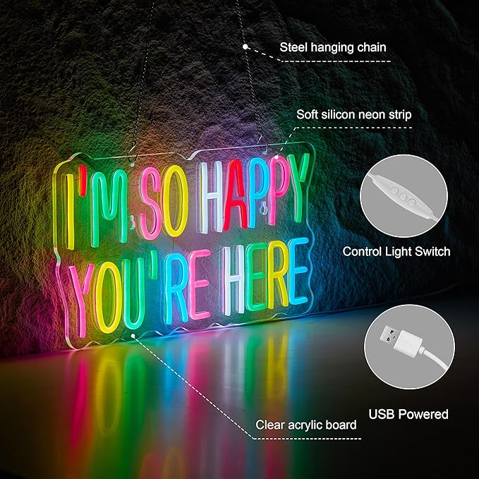 I'm So Happy You're Here Neon Sign for Wall Décor Dimmable LED Neon Light USB Powered Neon Art Signs Decor