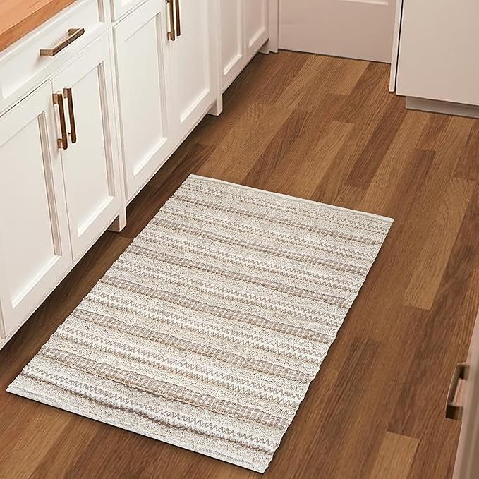 Cotton Rugs for Living Room 24x36 inches, Farmhouse Cotton Area Rug for Bedroom, Washable Tufted Indoor Floor Carpet for Kitchen Dorm Office Dining Room Office Home Decor, Off White Natural