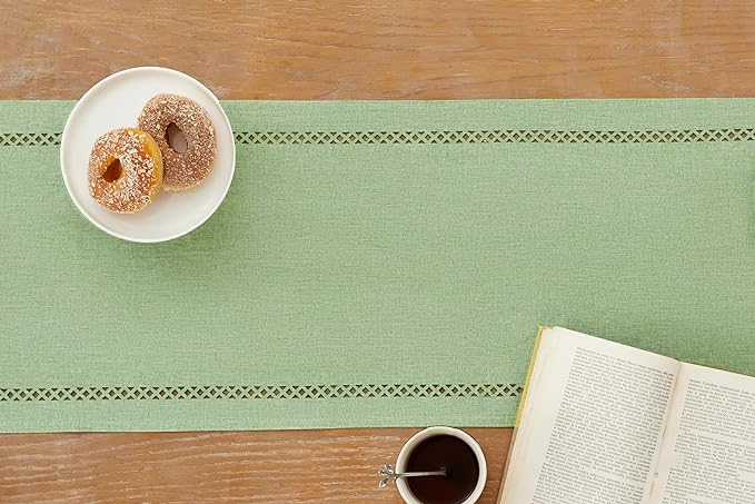 Burlap Style Farmhouse Table Runner, 13 x 60 Inch Avocado Green, Rustic Geometric Hollow Table Runners 60 Inches Long for Dresser Table Everyday Use, 13x60 Inches, Avocado Green