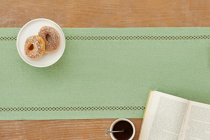 Burlap Style Farmhouse Table Runner, 13 x 108 Inch Avocado Green, Rustic Geometric Hollow Table Runners 108 Inches Long for Dresser Table Everyday Use, 13x108 Inches, Avocado Green