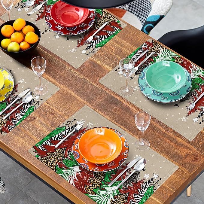 Watercolor Xmas Tree Placemats for Dining Table Set of 4, 12 x 18 Inch Winter Snowflake Heat Resistant Xmas Linen Dining Table Mats for Home Kitchen Tabletop Decoration