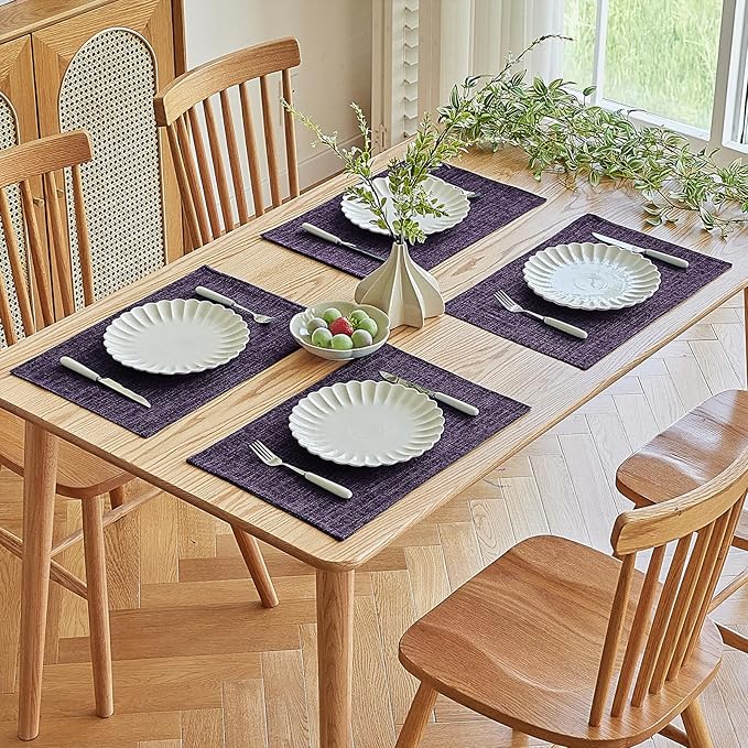 Softalker Faux Linen Placemats Set of 8-12 x 18 Inch, Heat Resistant Double Layered Durable Burlap Farmhouse Place Mats, Non-Slip Washable Rustic Table Mats for Dining, Kitchen, Party(Purple