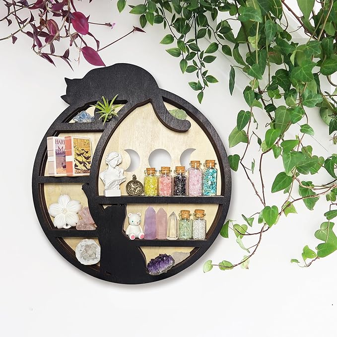 Cats on The Moon Crystal Display Shelf, Wooden Hanging Floating Shelf, Crescent Moon Phase Shelf Stones Essential Oil Organizer Rock Storage Gem Holder Wood Gothic Witchy Boho Home Wall Decor