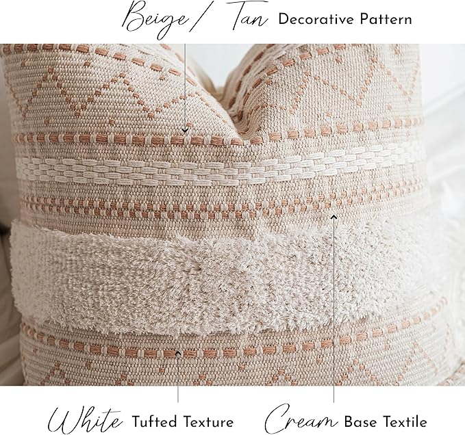 Decorative Throw Pillow Cover 18x18 Square Cream Neutral White Boho Accent Pillowcase Tassels Farmhouse Cushion for Couch Sofa Bedroom Living Room Home Décor (Cover ONLY, Pack of 1)