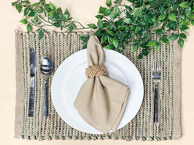 Chardin home Natural Jute - Ombre Green Placemats, Set of 4 13x19 Inch Table Mats, Rustic Handmade Boho Placemat, Perfect for Holidays, Dinner Parties and Also Everyday Meals