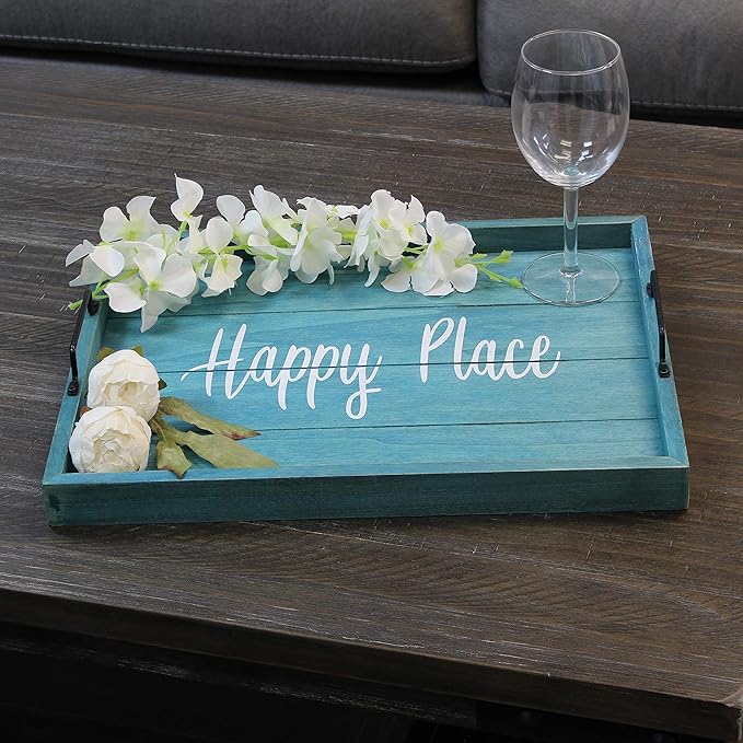 Elegant Designs HG2000-BHP Decorative Wood Serving Tray w/Handles, 15.50" x 12", Happy Place