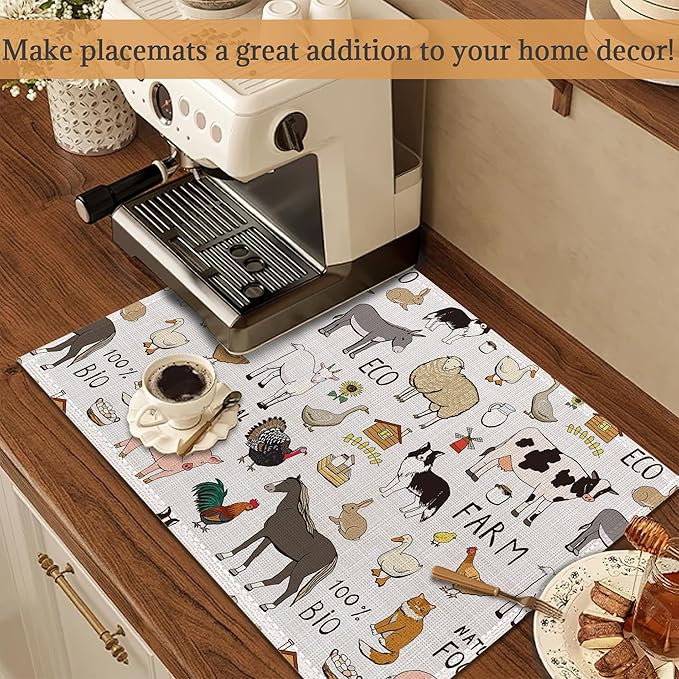Farm Animals Cow Pig Placemats Set of 6 Place Mats for Kitchen Table Washable Farmhouse Linen Table Mats Dining Decoration 12x18 Inch