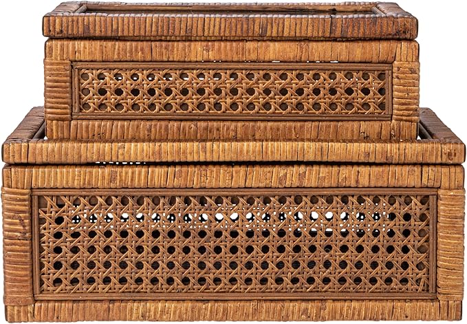 Creative Co-Op Modern Decorative Rectangle Woven Rattan and Wood Display Boxes with Glass Top, Set of 2 Sizes, Dark Brown Finish, Rectangular