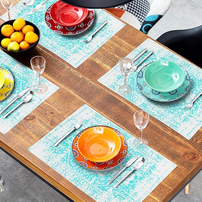 Gray Aqua Turquoise Boho Placemats Set of 6 Ethnic Bohemian Carpet Place Mats Washable Kitchen Dining Vintage Grey Floral Linen Table Mats Stain Heat-Resistant for Home Party Indoor 12x18 in