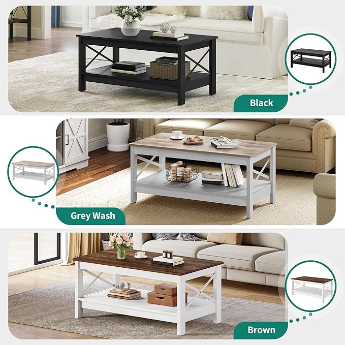 YITAHOME Coffee Tables for Living Room, Modern Farmhouse Coffee Table with Storage, 2-Tier Center Table Wood Living Room Table Accent Cocktail with Sturdy Frame, Grey Wash