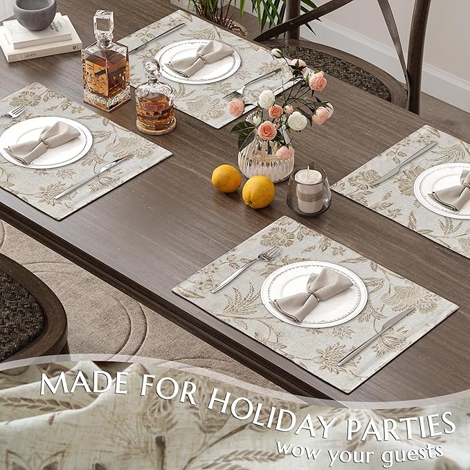 JINCHAN Linen Floral Fall Placemats Set of 4 Cloth Table Mats Rustic Cottagecore Jacobean Outdoor Seasonal for Kitchen Dining Table Decor Non-Slip Washable Tablemats 13x19 Inch Taupe