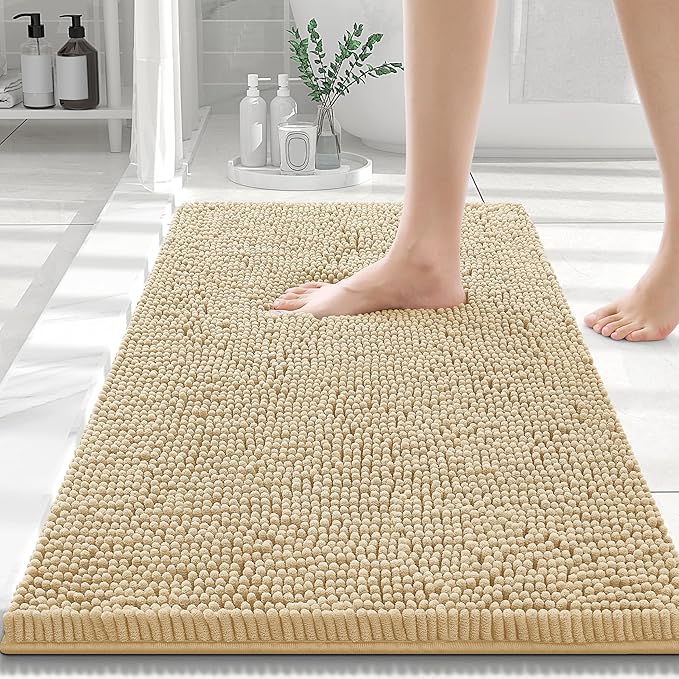 Smiry Luxury Chenille Bathroom Rugs 30x20, Extra Soft and Absorbent Shaggy Bath Mat, Machine Washable, Non-Slip Plush Carpet Runner for Tub, Shower, and Floor, Home Decor Accessories, Beige