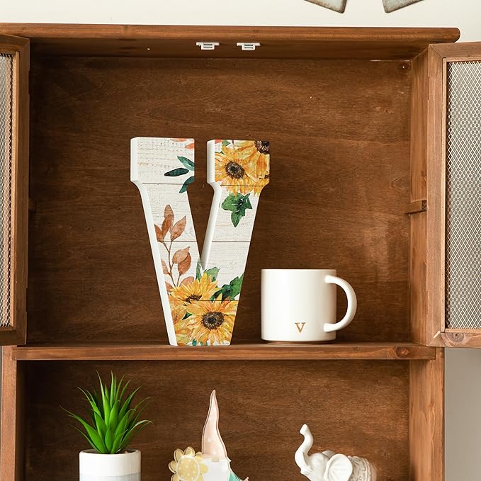 COLLECTIVE HOME - 10" Wood Lettes for Wall Decor, Sunflower Tabletop Alphabet Decoration, DIY Farmhouse Decor, Rustic Freestanding Monogram Block (V)