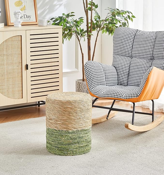 Cplxroc Ottoman Poof Natural Seagrass Poufs Hand Weave Round Footstool Pouffe Accent Chair Sitting Braided Footrest W/Jute Cover Boho Decor for Living Room, Bedroom