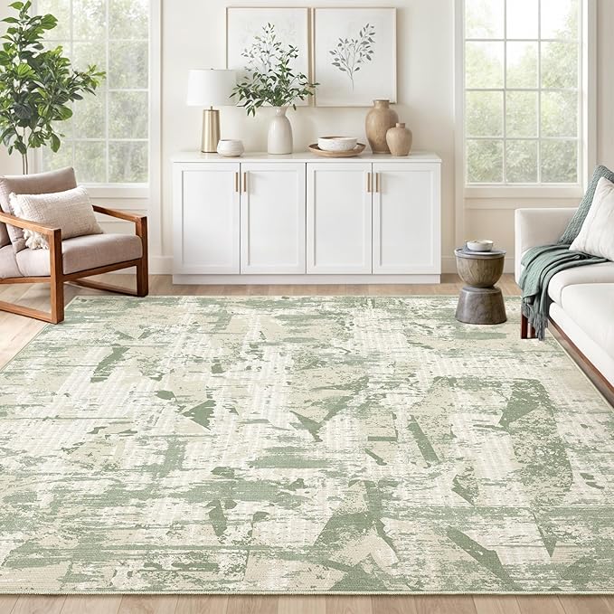 Art&Tuft Washable Rug, Anti-Slip Backing Abstract Area Rugs, Stain Resistant Rugs for Living Room, Foldable Machine Washable Area Rug(02-Green, 5'x7')