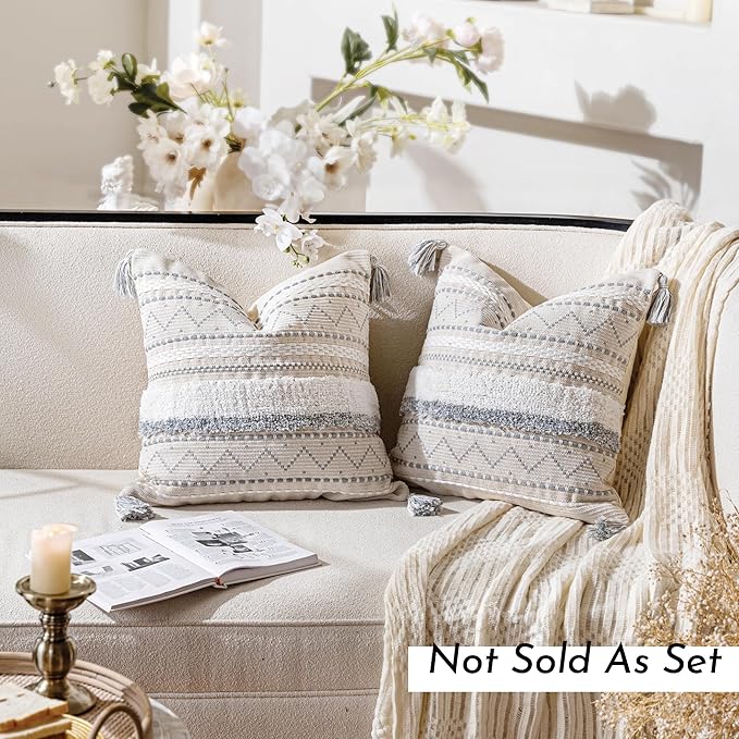 Gray Decorative Throw Pillow Cover 20x20 Square Boho Neutral White Accent Pillowcase Tassels Farmhouse Cushion for Couch Sofa Bedroom Living Room Home Décor (Cover ONLY, Pack of 1)