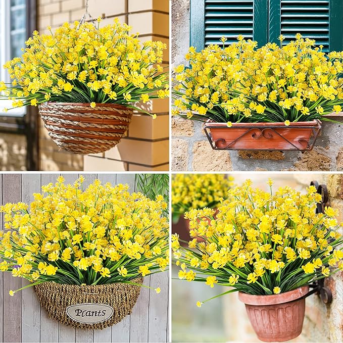 AmyHomie 20 Bundles Artificial Flowers for Outdoor UV Resistant Faux Flowers No Fade Fake Plastic Plants Garden Porch Window Box Decorating(Bright Yellow)