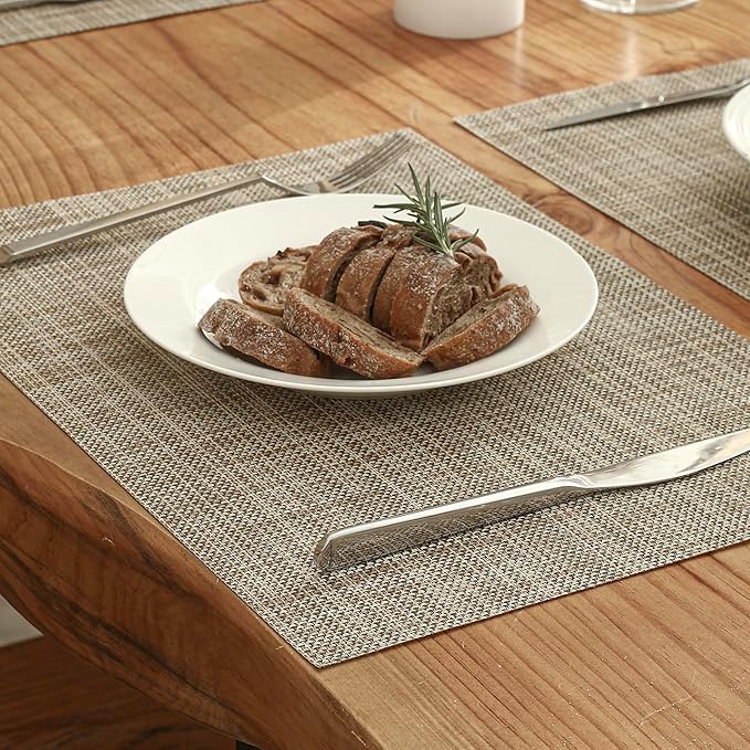 Leetaltree Linen Yellow Placemats Set of 4 - Heat Resistant Non-Slip Place mats for Dining Table, Washable Durable PVC Vinyl Woven Table Mats(Linen Yellow, 4)