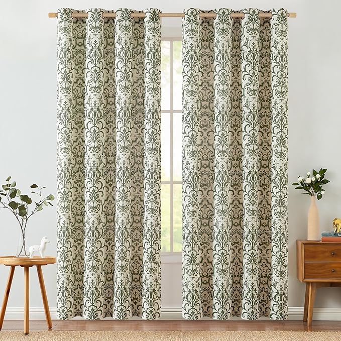 jinchan Linen Curtains for Bedroom & Living Room - Moss Green Damask Patterned Curtains, 84 Inches Long, Light Filtering, Vintage Baroque Style Drapes with Grommet Window Treatments - 2 Panels Set