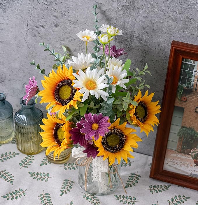 LUEUR Artificial Faux Flowers in Vase for Home, Fake Flowers Arrangment with Pot, Sunflower Silk Daisy Bouquet for Fall Spring Decor Coffee Table Dinning Room Kitchen Centerpiece Table Decorations