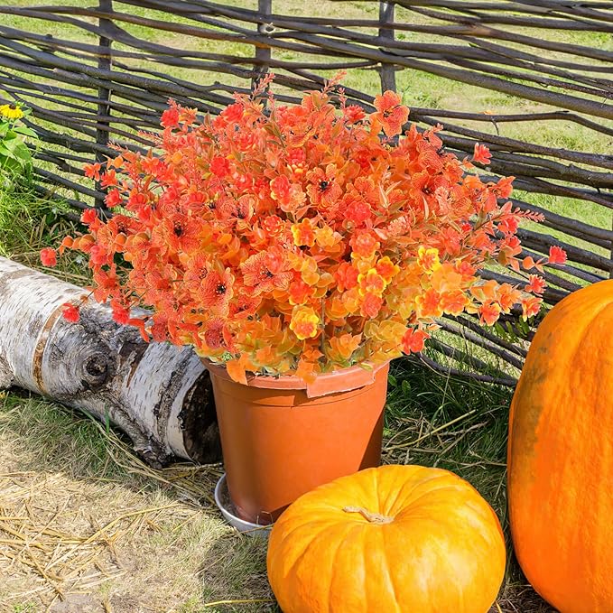 AmyHomie 20 Bundles Mix Orange Artificial Fall Flowers for Outdoor Fall Decor UV Resistant Fake Mums No Fade Fake Plastic Plants Garden Porch Window Box Decorating