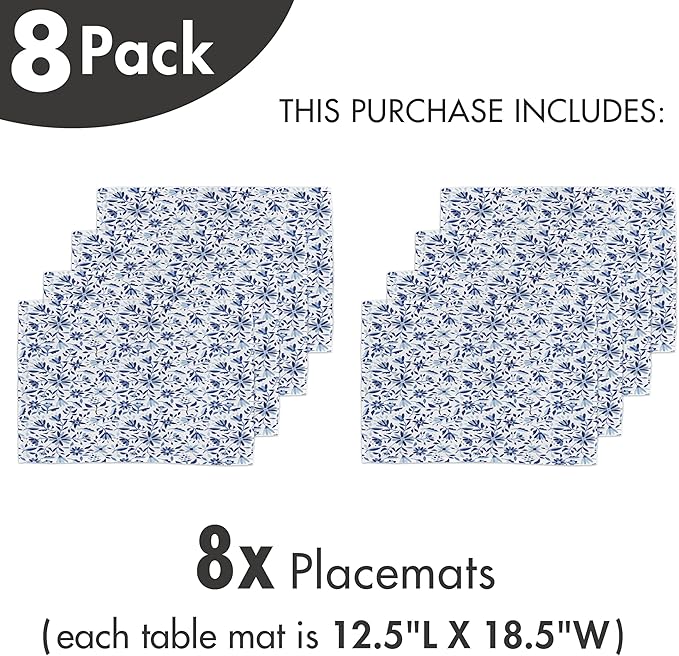 Ambesonne Indigo Place Mats Set of 8, Modern Minimalist Spring Time Flowers Swirls Leaves Image, Washable Fabric Placemats for Dining Table, Placemat 8 pcs, Blue Navy