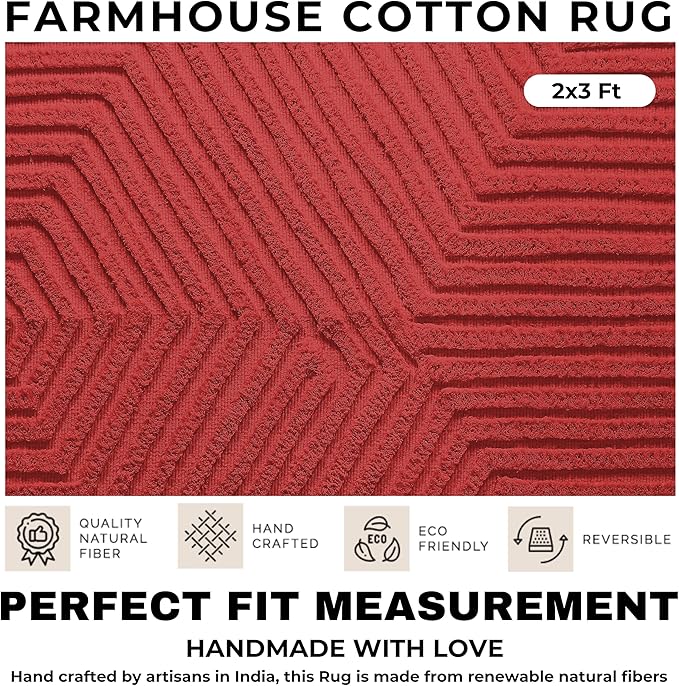 Boho Bathroom Rug 2' x 3', Washable Hand-Woven Tufted Cotton Rug with Tassels for Entryway, Foyer, Bedroom, or Kitchen - Rust Bricks
