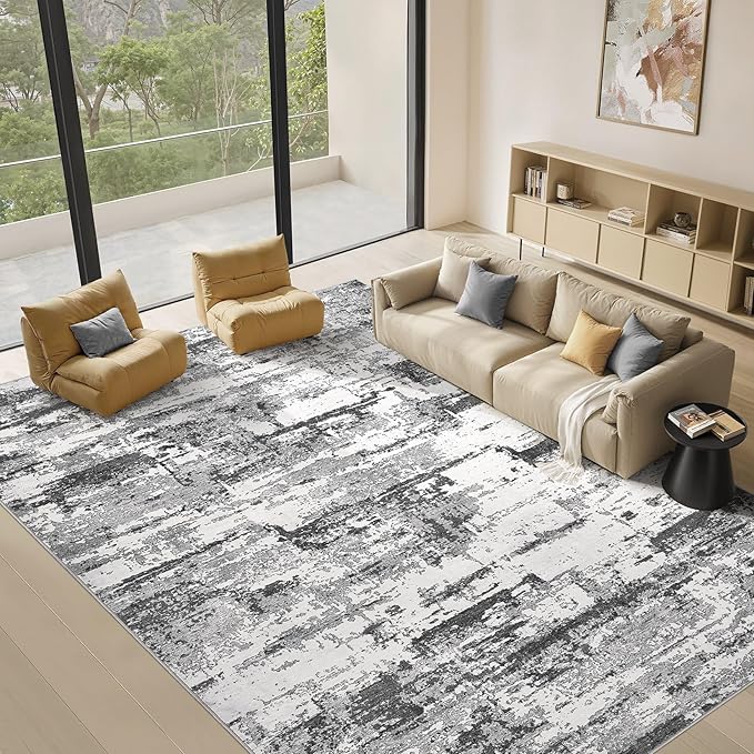 Area Rugs for Living Room: 6x9 Abstract Washable Rug Modern Neutral Large Soft Stain Resistant Non-Slip Backing Machine Table for Bedroom Dining Room Indoor Home Office Carpet - Black Grey