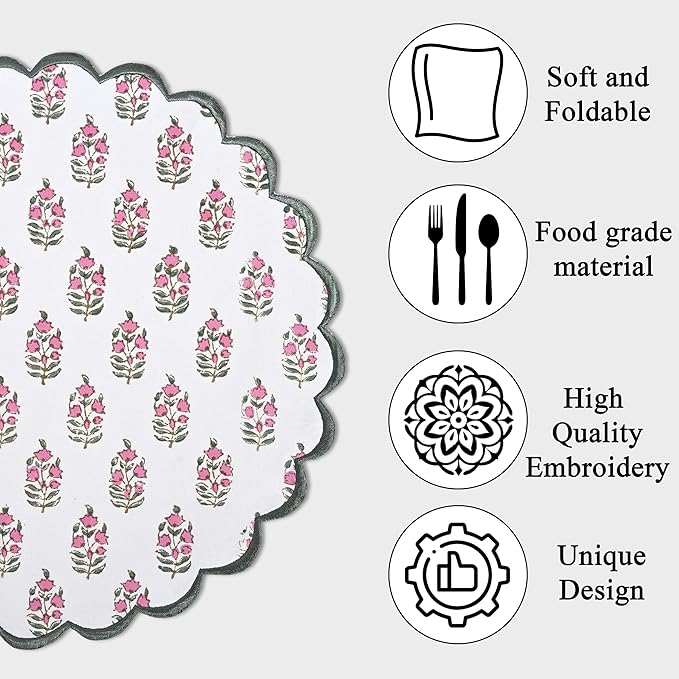Ridhi Bo-ho Round Place Mat Double Layer Floral Cotton Washable Placemats 15" Round Embroidery Block Print Table Mat (Pack of 4-15 Inch Round, Pink and Green)