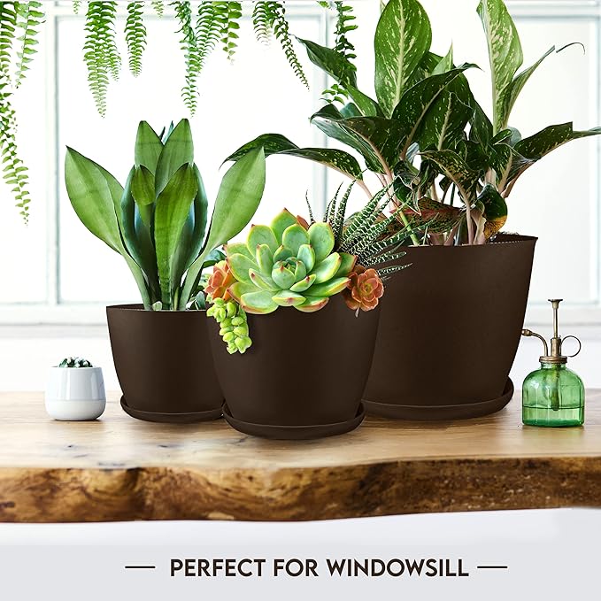 Utopia Home Plastic Planters - Flower Nursery Pots Indoor Modern Decorative Plastic Pots for Plants, Succulents, Flowers, and Cactus (5 Pack, Multisize, Brown)
