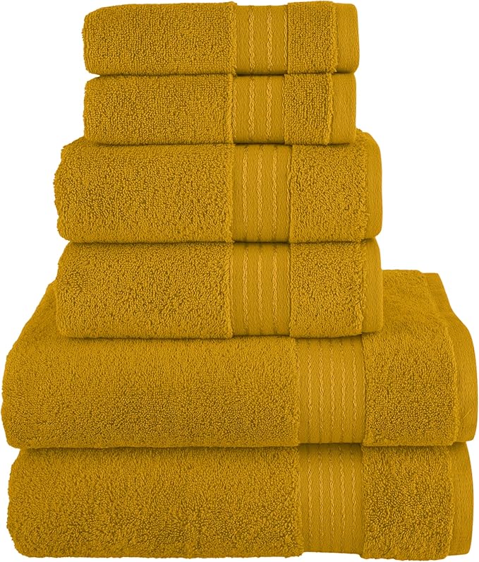 Elegant Comfort Premium Cotton 6-Piece Towel Set, Includes 2 Washcloths, 2 Hand Towels and 2 Bath Towels, 100% Turkish Cotton - Highly Absorbent and Super Soft Towels for Bathroom, Gold
