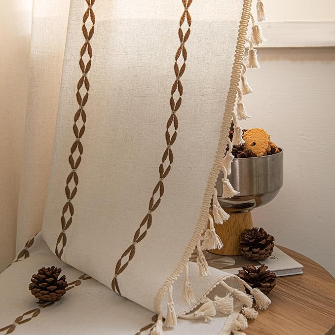 Sutuo Home Boho Curtains for Bedroom Living Room 96 Inches Long, Bohemian Drape Privacy Country Rustic Semi Blackout Farmhouse for House Decor Rod Pocket, 1 Panel W52 x L96 White and Coffee
