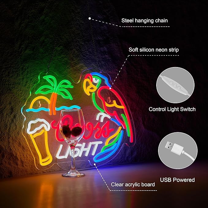 Bar Parrot Crs LIGHT Neon Sign for Beer Palm Tree Wall Décor Dimmable Switch Neon LED Light up Signs with USB Powered for Home Bedroom Man Cave Art Decor Gift