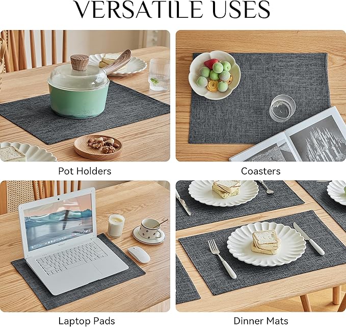 Softalker Faux Linen Placemats Set of 8-12 x 18 Inch, Heat Resistant Double Layered Durable Burlap Farmhouse Place Mats, Non-Slip Washable Rustic Table Mats for Dining, Kitchen, Party(Dark Grey