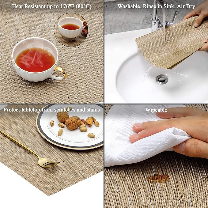 SHACOS Large Size Wedge Shape Placemats with Centerpiece Round Mat Set of 5 Round Table Place Mats Washable Dining Table Placemats Reversible, Beige
