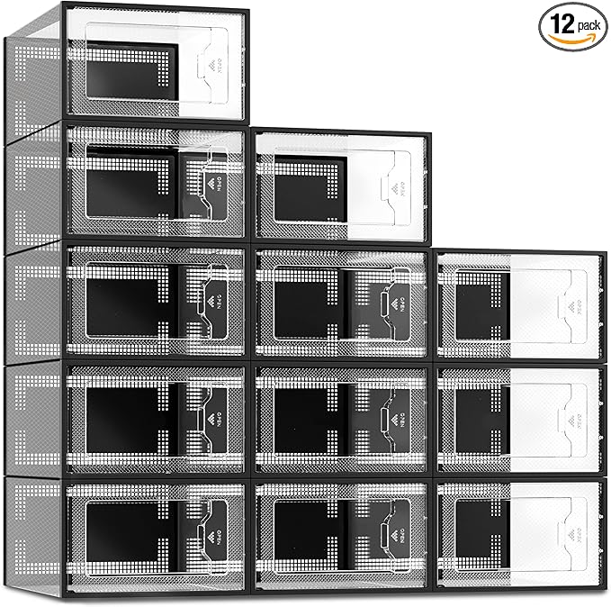 SEE SPRING 12 Pack Shoe Storage Box, Clear Plastic Stackable Shoe Organizer for Closet, Space Saving Shoe Rack for Entryway Sneaker Container Bin Holder (Black)
