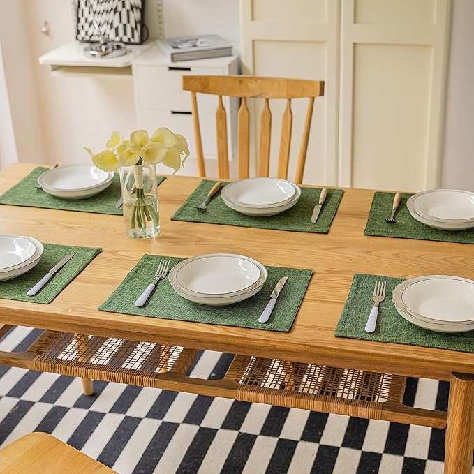 Demetex Dark Green Placemats Set of 8 Decorative Linen Textured Place Mats Heat Resistant Plate Platemats for Cafe Party Banquet Tables, 13x19 inch, Green